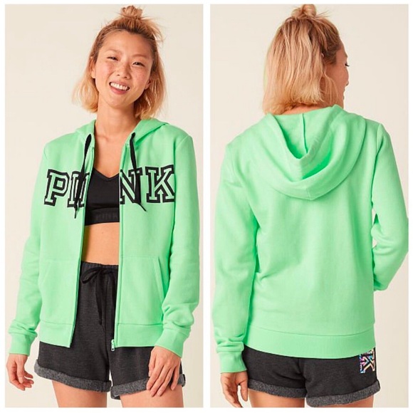 VS PINK ZIP UP HOODIE LIME GREEN W BLACK LOGO SZ XS - Picture 2 of 8